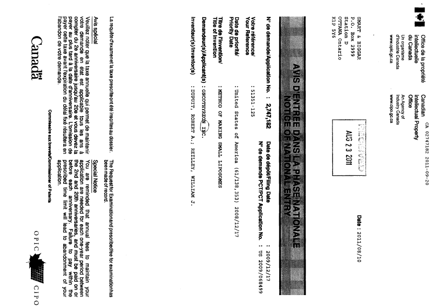 Canadian Patent Document 2747182. Correspondence 20110920. Image 3 of 3