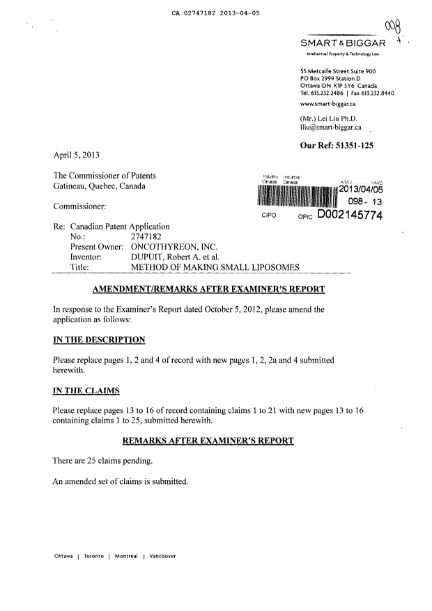 Document de brevet canadien 2747182. Poursuite-Amendment 20130405. Image 1 de 15