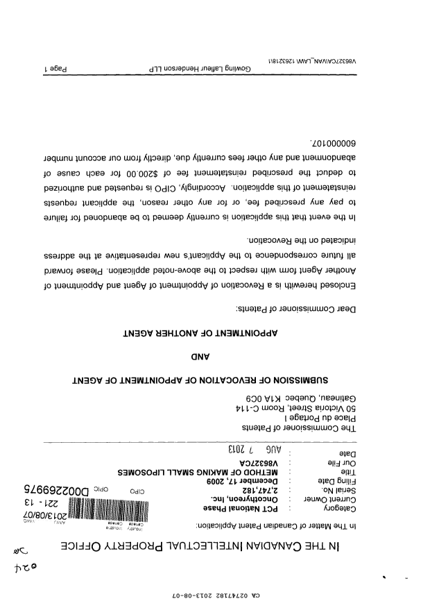 Canadian Patent Document 2747182. Correspondence 20130807. Image 1 of 3