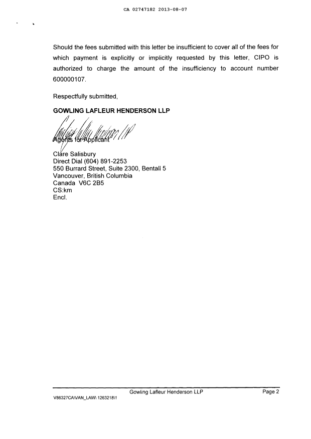 Document de brevet canadien 2747182. Correspondance 20130807. Image 2 de 3