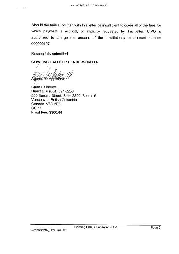 Document de brevet canadien 2747182. Correspondance 20140903. Image 2 de 2