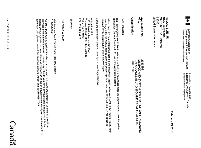 Document de brevet canadien 2747596. Lettre du bureau 20180219. Image 1 de 1