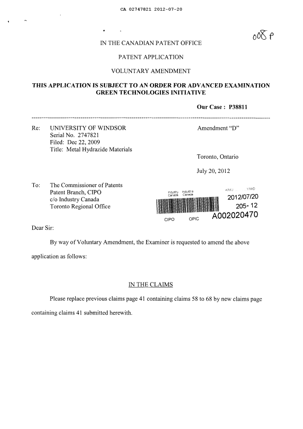 Document de brevet canadien 2747821. Poursuite-Amendment 20111220. Image 1 de 3