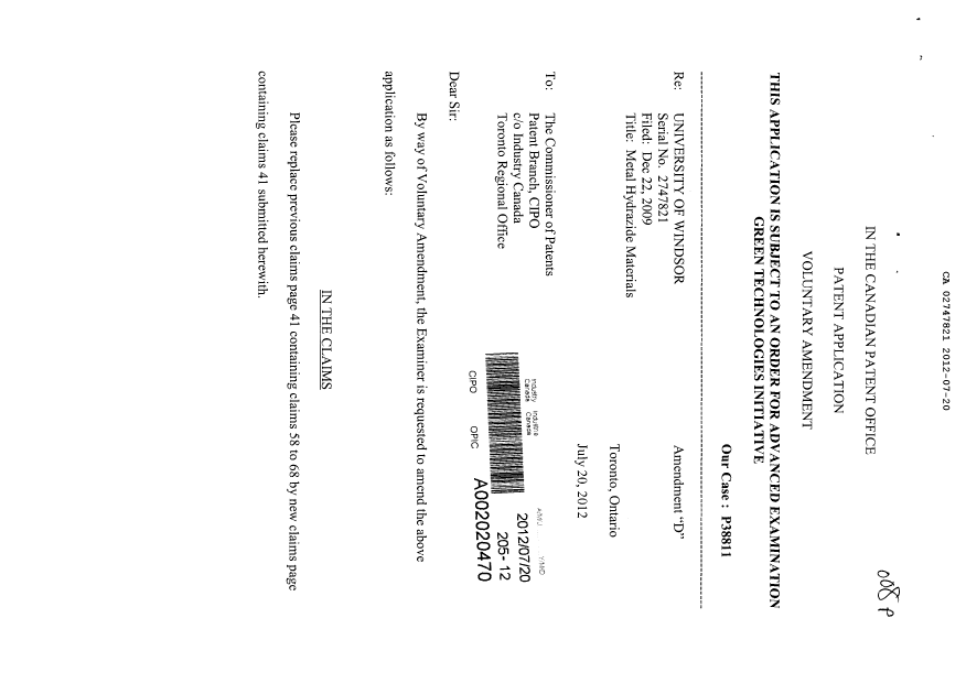 Canadian Patent Document 2747821. Prosecution-Amendment 20111220. Image 1 of 3