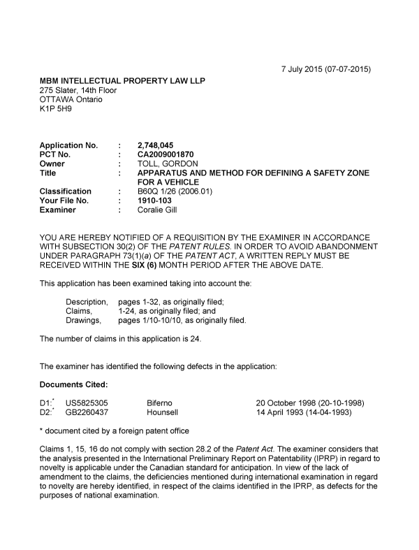 Document de brevet canadien 2748045. Demande d'examen 20150707. Image 1 de 3
