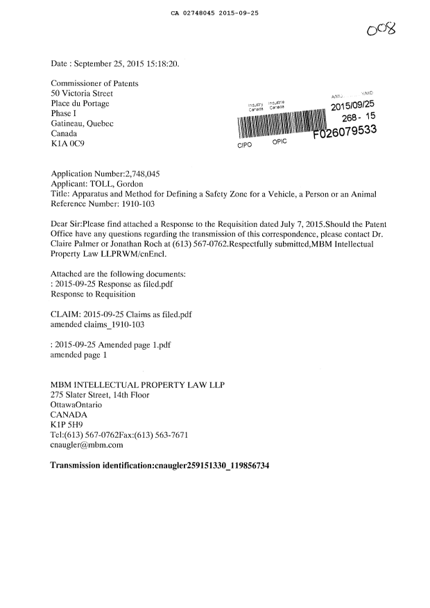 Document de brevet canadien 2748045. Modification 20150925. Image 1 de 10