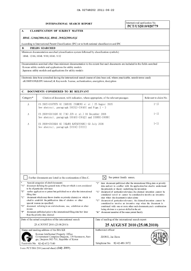 Document de brevet canadien 2748202. PCT 20110622. Image 1 de 4