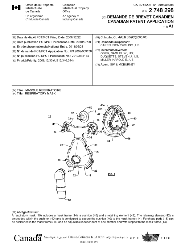 Document de brevet canadien 2748298. Page couverture 20120828. Image 1 de 1