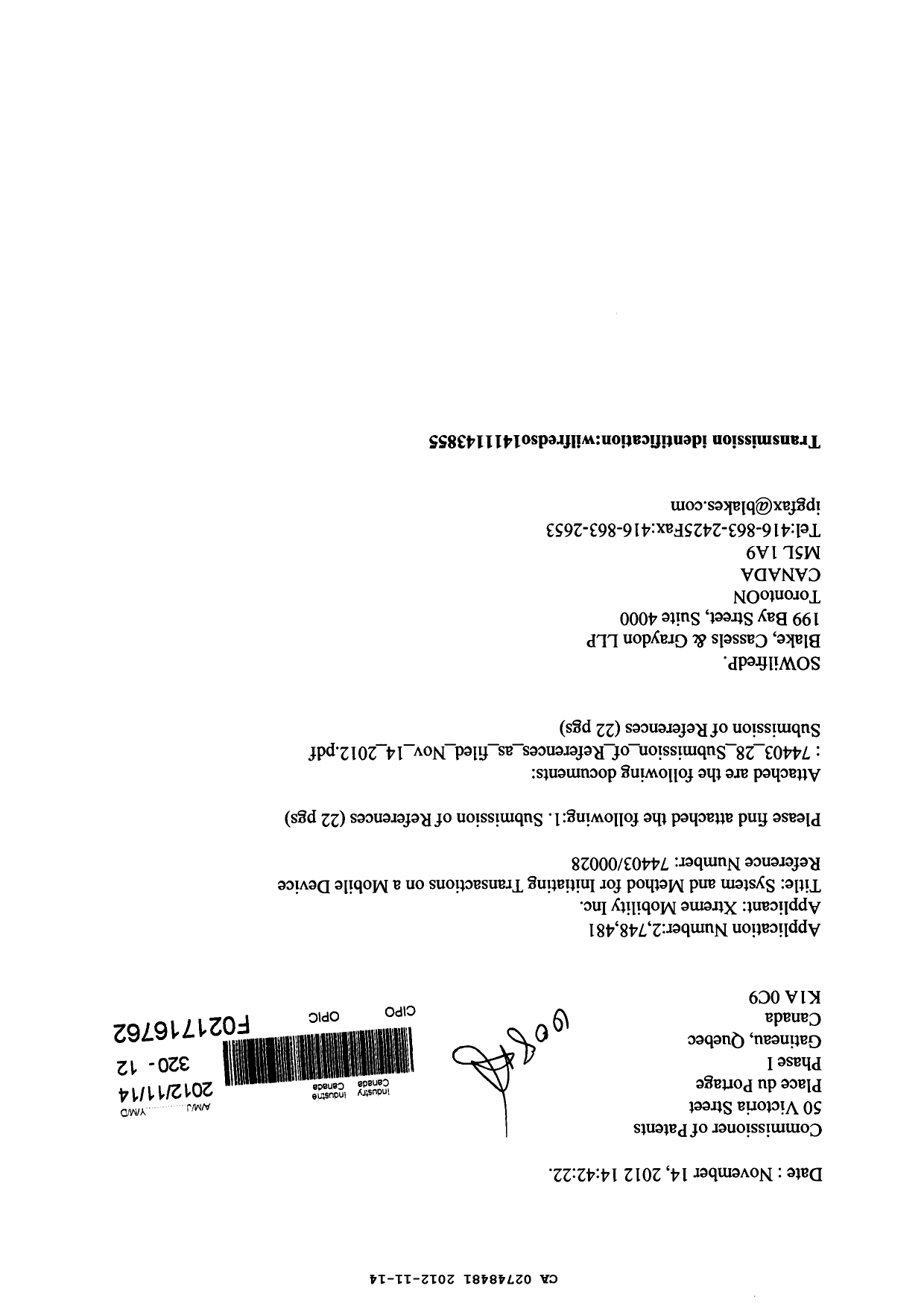 Canadian Patent Document 2748481. Prosecution-Amendment 20111214. Image 1 of 3
