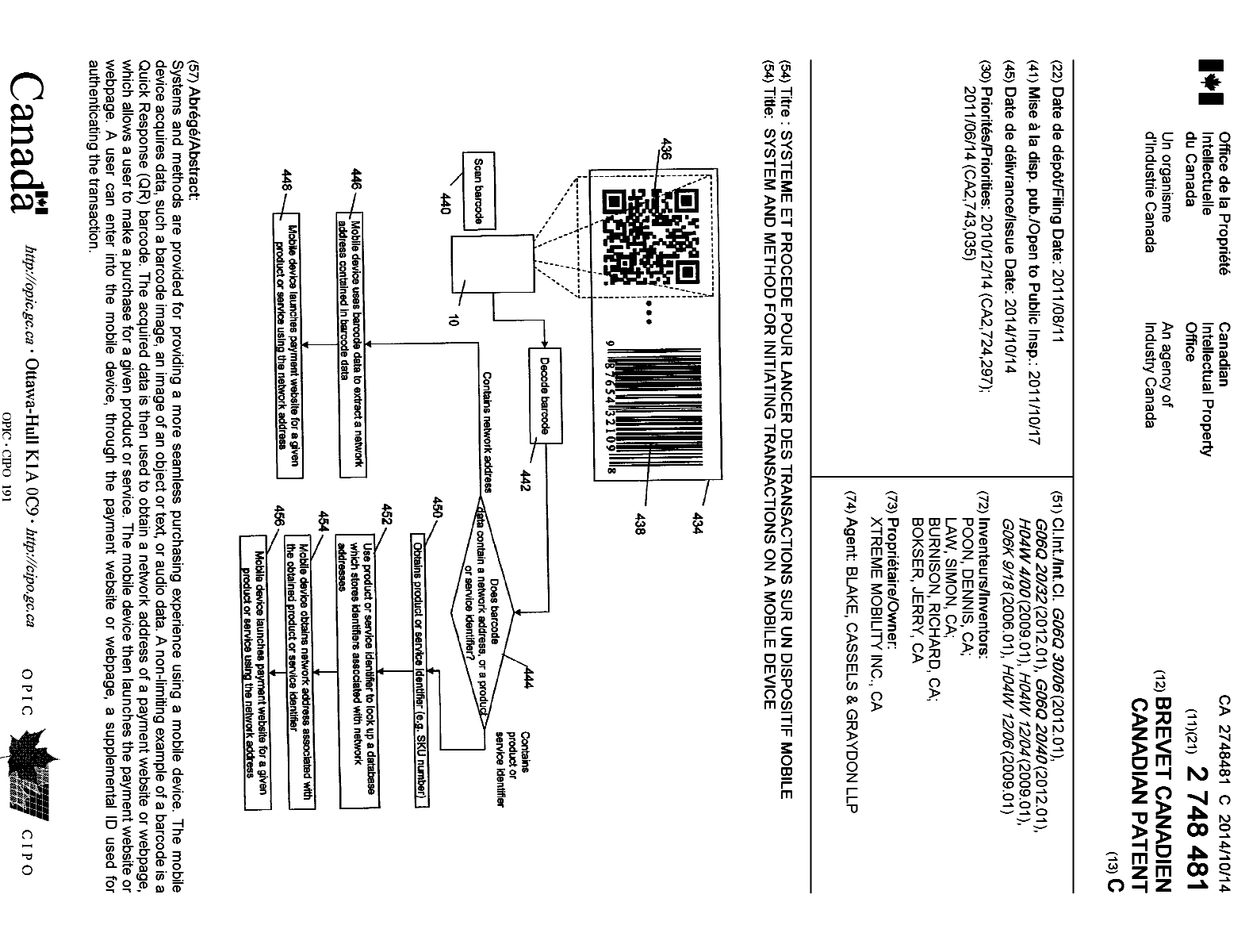 Document de brevet canadien 2748481. Page couverture 20131217. Image 1 de 1