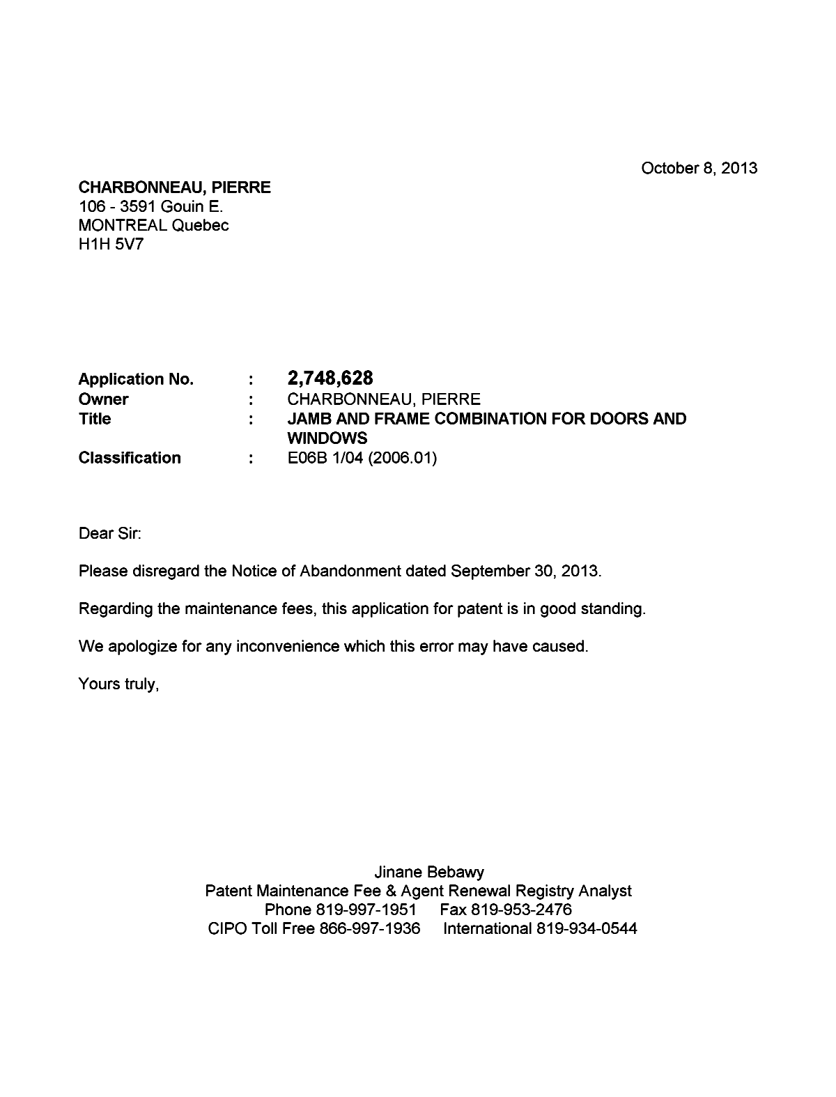 Document de brevet canadien 2748628. Correspondance 20131008. Image 1 de 1