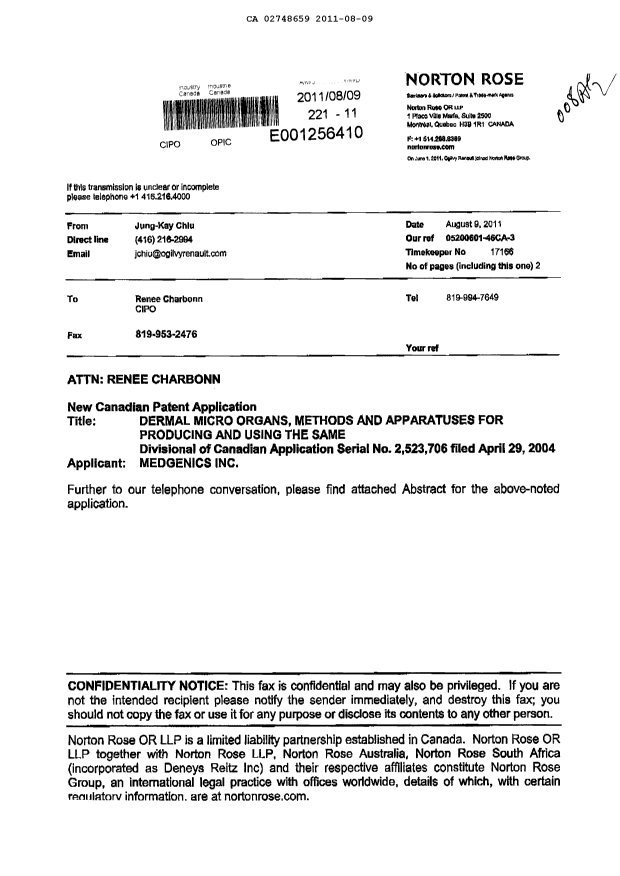 Canadian Patent Document 2748659. Correspondence 20110809. Image 1 of 1