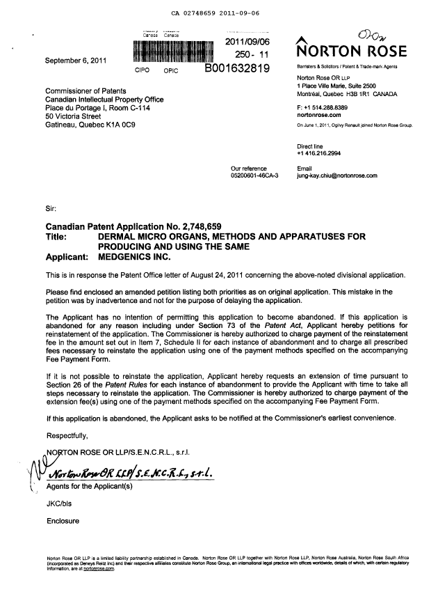 Canadian Patent Document 2748659. Correspondence 20110906. Image 1 of 3