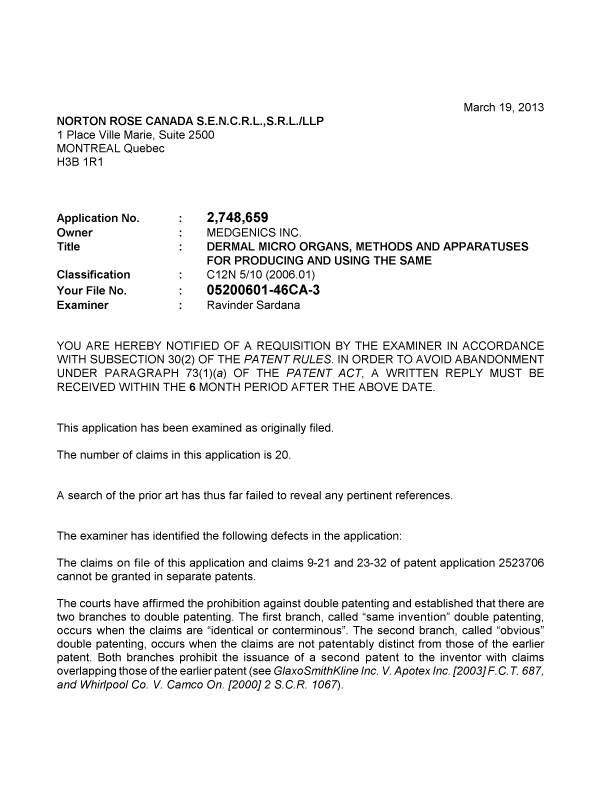 Canadian Patent Document 2748659. Prosecution-Amendment 20130319. Image 1 of 3