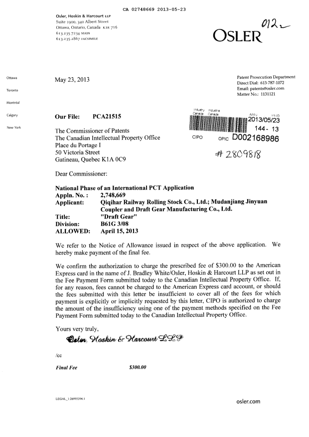 Document de brevet canadien 2748669. Correspondance 20130523. Image 1 de 1