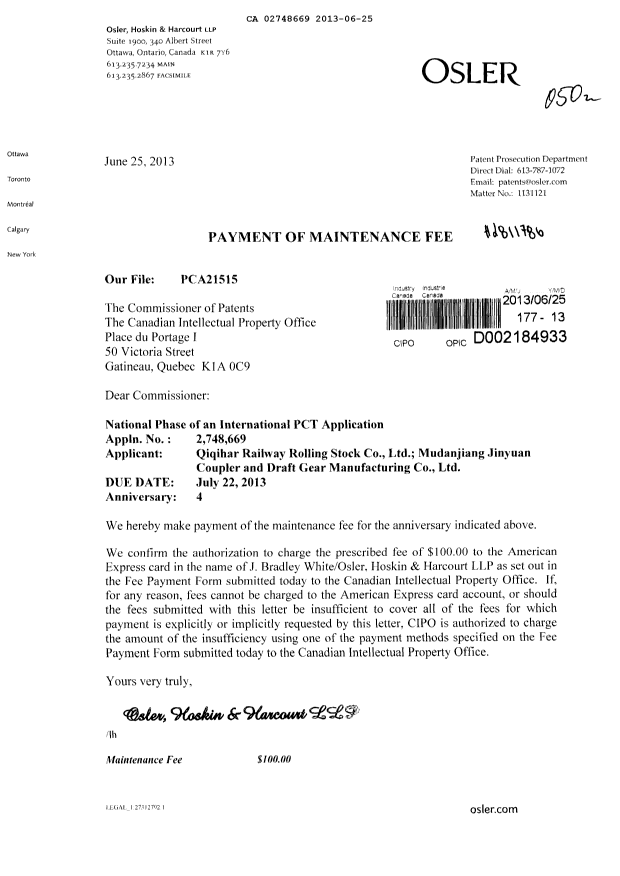 Document de brevet canadien 2748669. Taxes 20130625. Image 1 de 1