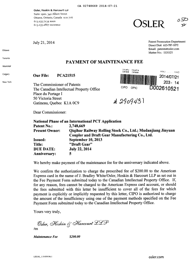 Document de brevet canadien 2748669. Taxes 20140721. Image 1 de 1