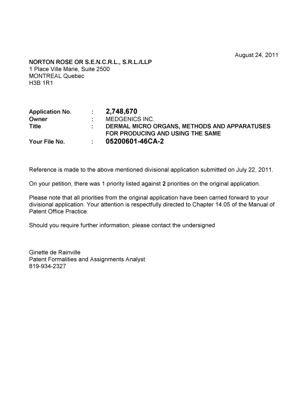 Canadian Patent Document 2748670. Correspondence 20110824. Image 1 of 1