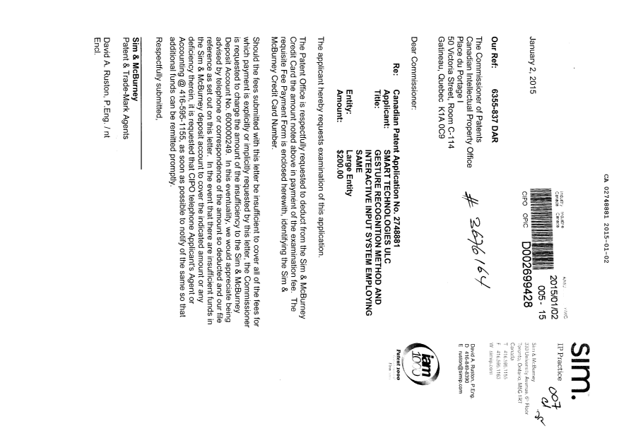 Document de brevet canadien 2748881. Poursuite-Amendment 20150102. Image 1 de 1