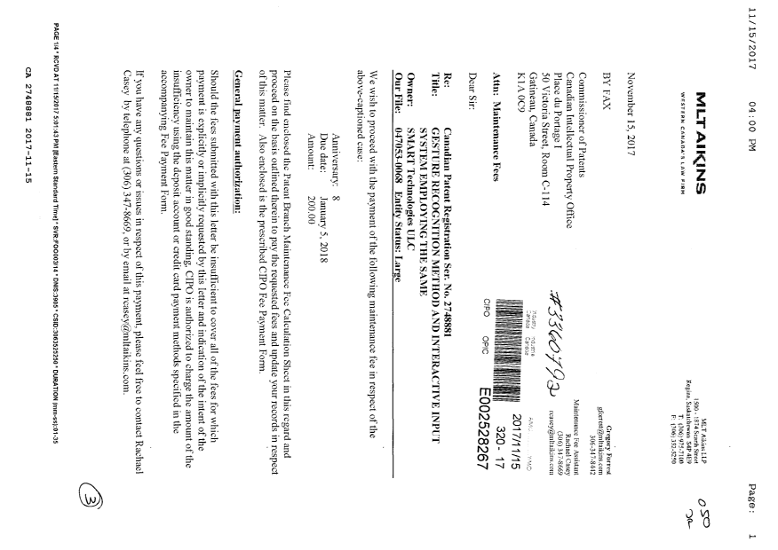Document de brevet canadien 2748881. Paiement de taxe périodique 20171115. Image 1 de 3