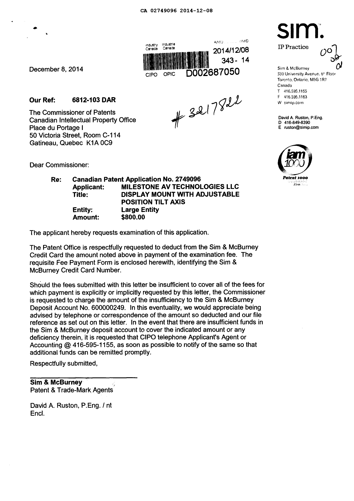 Document de brevet canadien 2749096. Poursuite-Amendment 20141208. Image 1 de 1