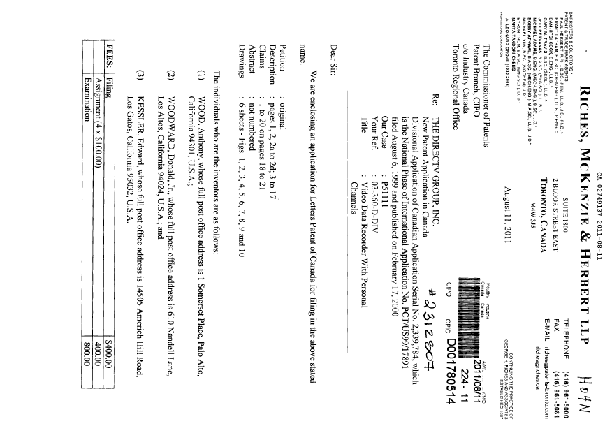 Document de brevet canadien 2749137. Cession 20110811. Image 1 de 4