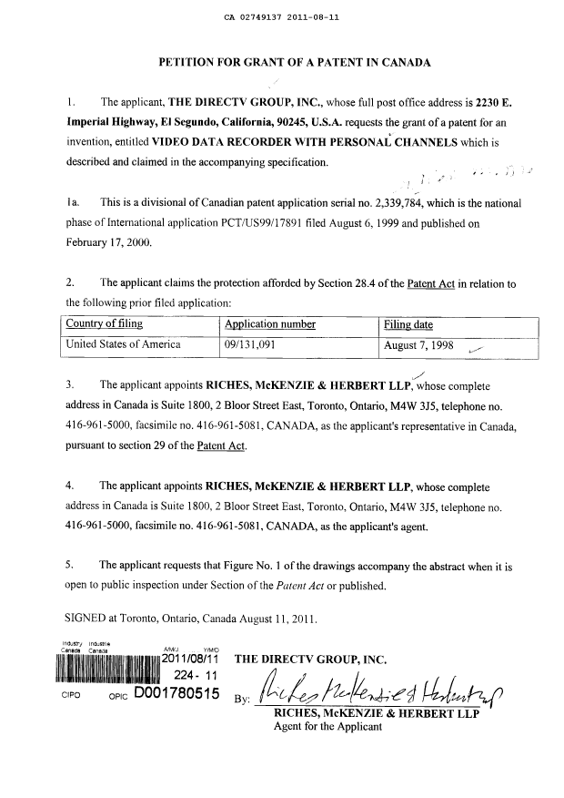 Document de brevet canadien 2749137. Cession 20110811. Image 4 de 4