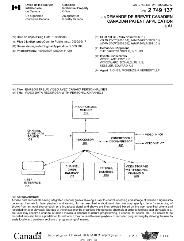 Document de brevet canadien 2749137. Page couverture 20110930. Image 1 de 1