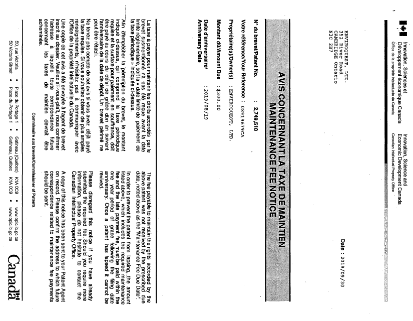 Canadian Patent Document 2749510. Returned mail 20191010. Image 1 of 2
