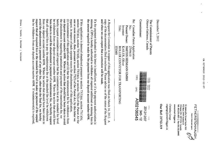 Document de brevet canadien 2749610. Poursuite-Amendment 20121207. Image 1 de 5