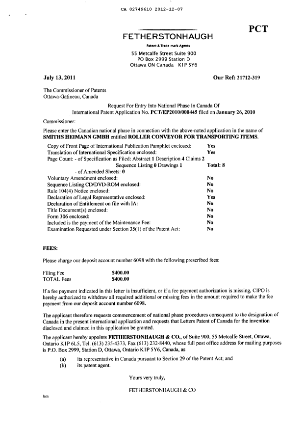 Document de brevet canadien 2749610. Poursuite-Amendment 20121207. Image 5 de 5