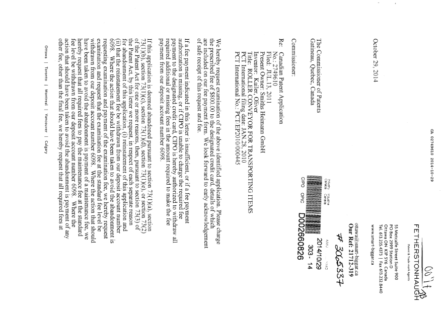 Document de brevet canadien 2749610. Poursuite-Amendment 20141029. Image 1 de 2