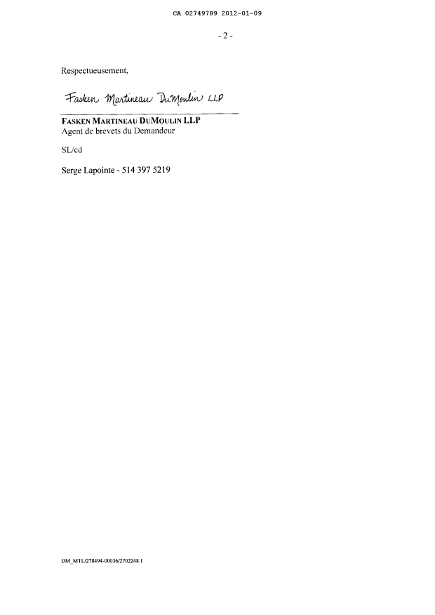 Document de brevet canadien 2749789. Cession 20111209. Image 2 de 4