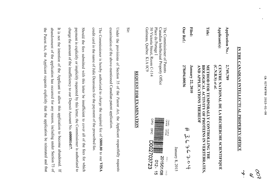 Canadian Patent Document 2749789. Prosecution-Amendment 20141208. Image 1 of 2