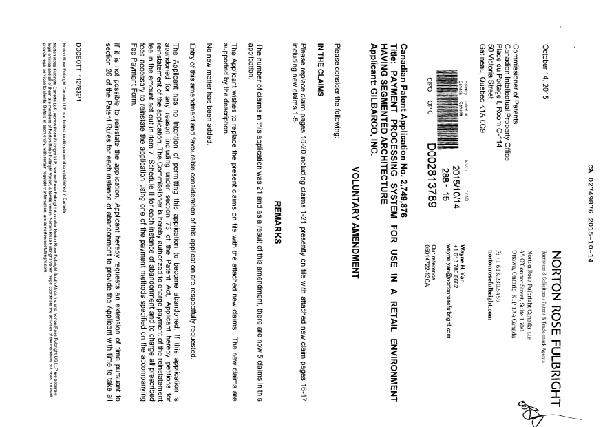 Document de brevet canadien 2749876. Modification 20151014. Image 1 de 4