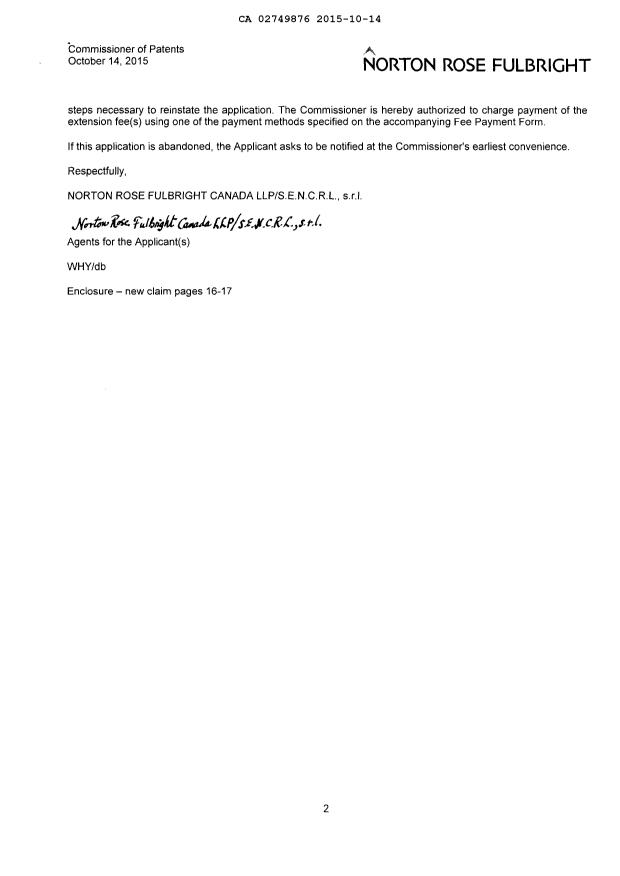 Document de brevet canadien 2749876. Modification 20151014. Image 2 de 4