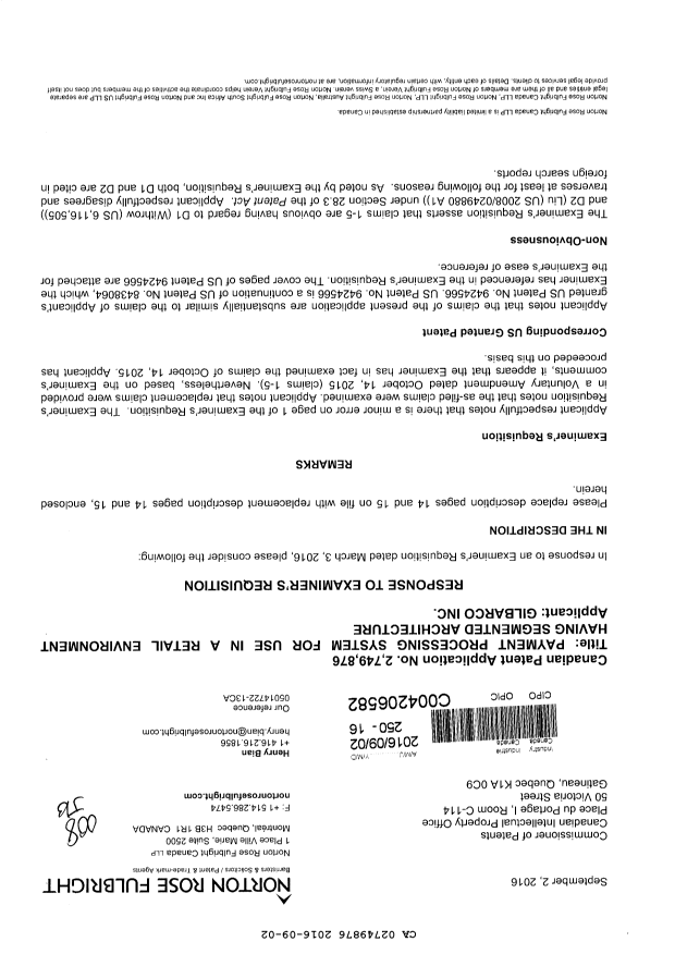Canadian Patent Document 2749876. Amendment 20160902. Image 1 of 7