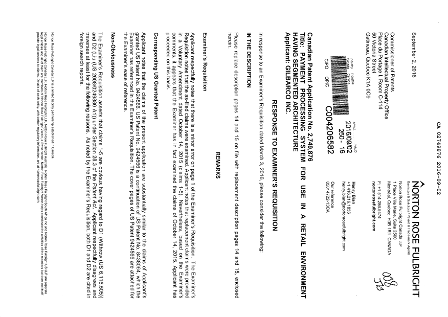 Document de brevet canadien 2749876. Modification 20160902. Image 1 de 7