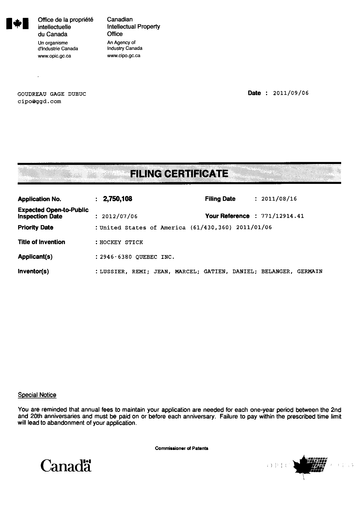 Document de brevet canadien 2750108. Correspondance 20110906. Image 1 de 1