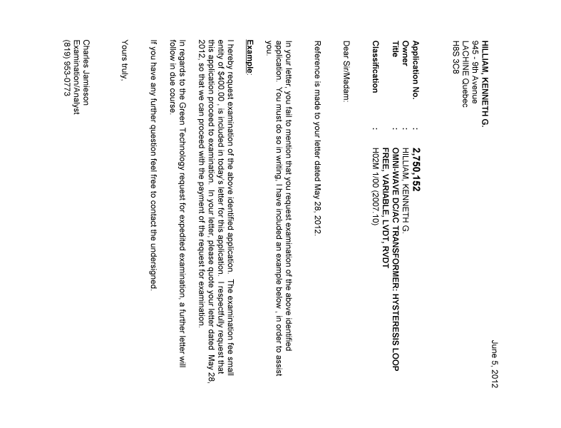Document de brevet canadien 2750152. Correspondance 20120605. Image 1 de 1
