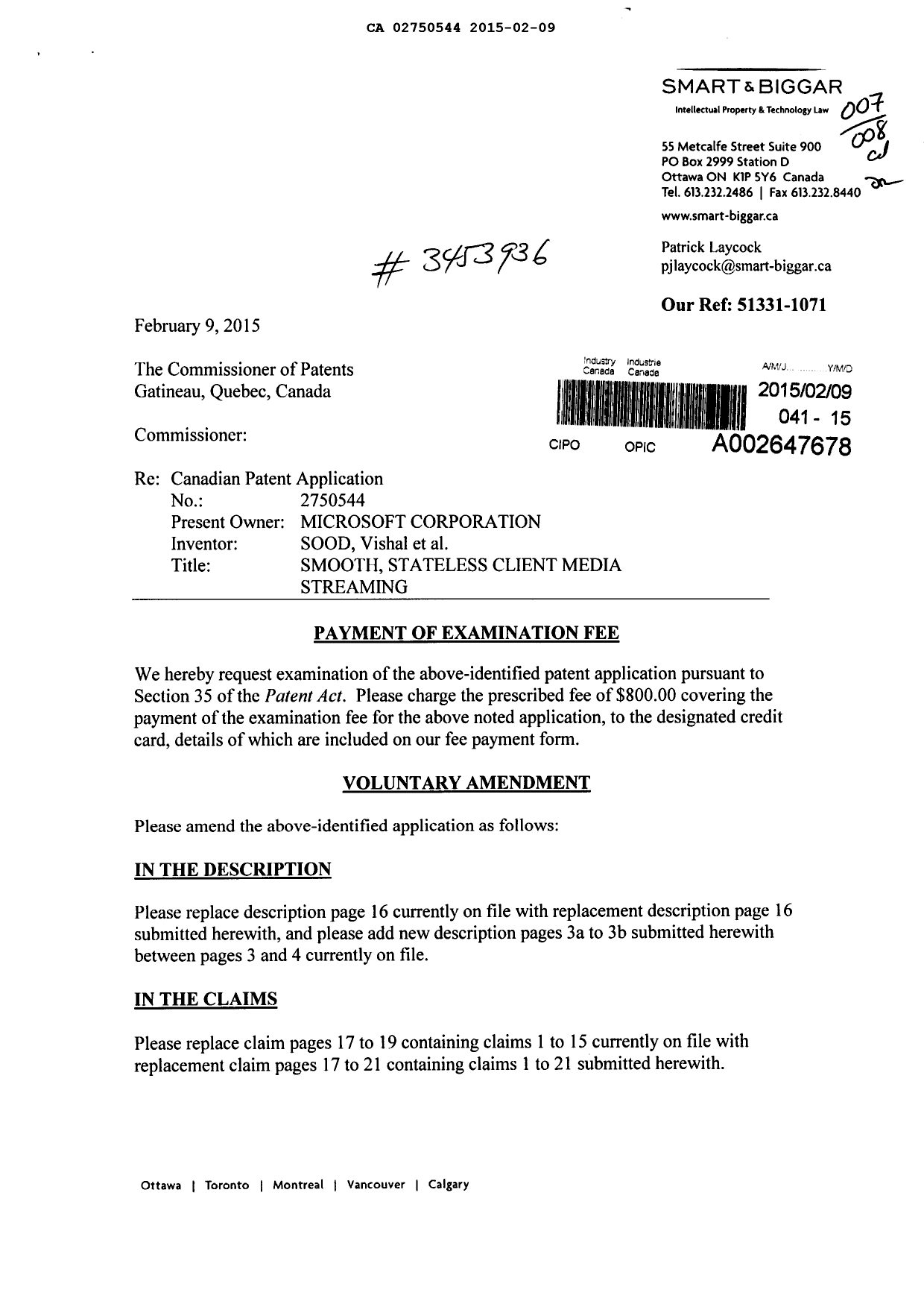 Canadian Patent Document 2750544. Prosecution-Amendment 20150209. Image 1 of 11