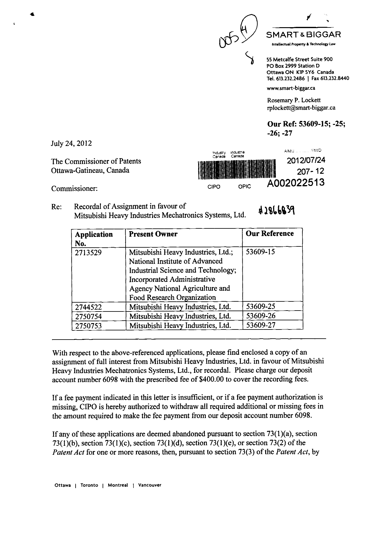 Document de brevet canadien 2750754. Cession 20120724. Image 1 de 3