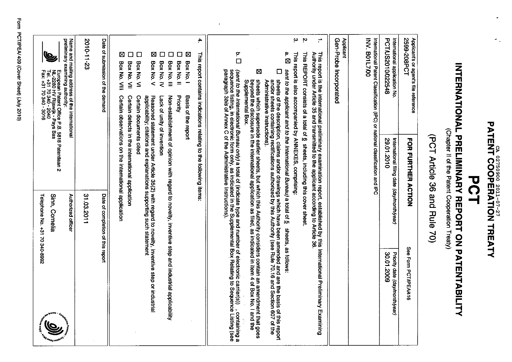 Document de brevet canadien 2750900. PCT 20101227. Image 1 de 19