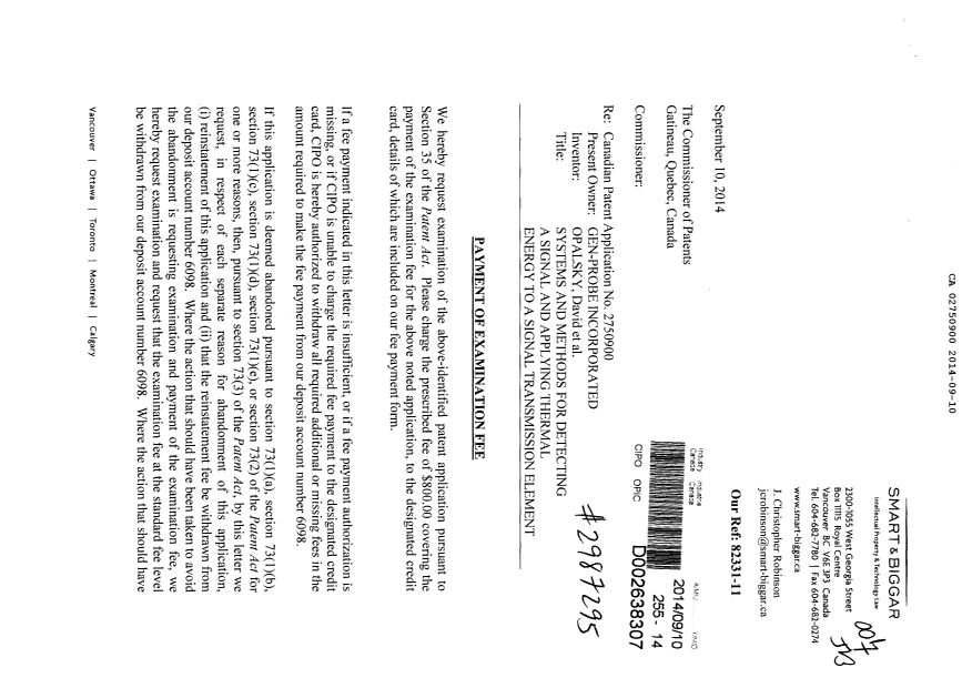 Document de brevet canadien 2750900. Poursuite-Amendment 20131210. Image 1 de 2