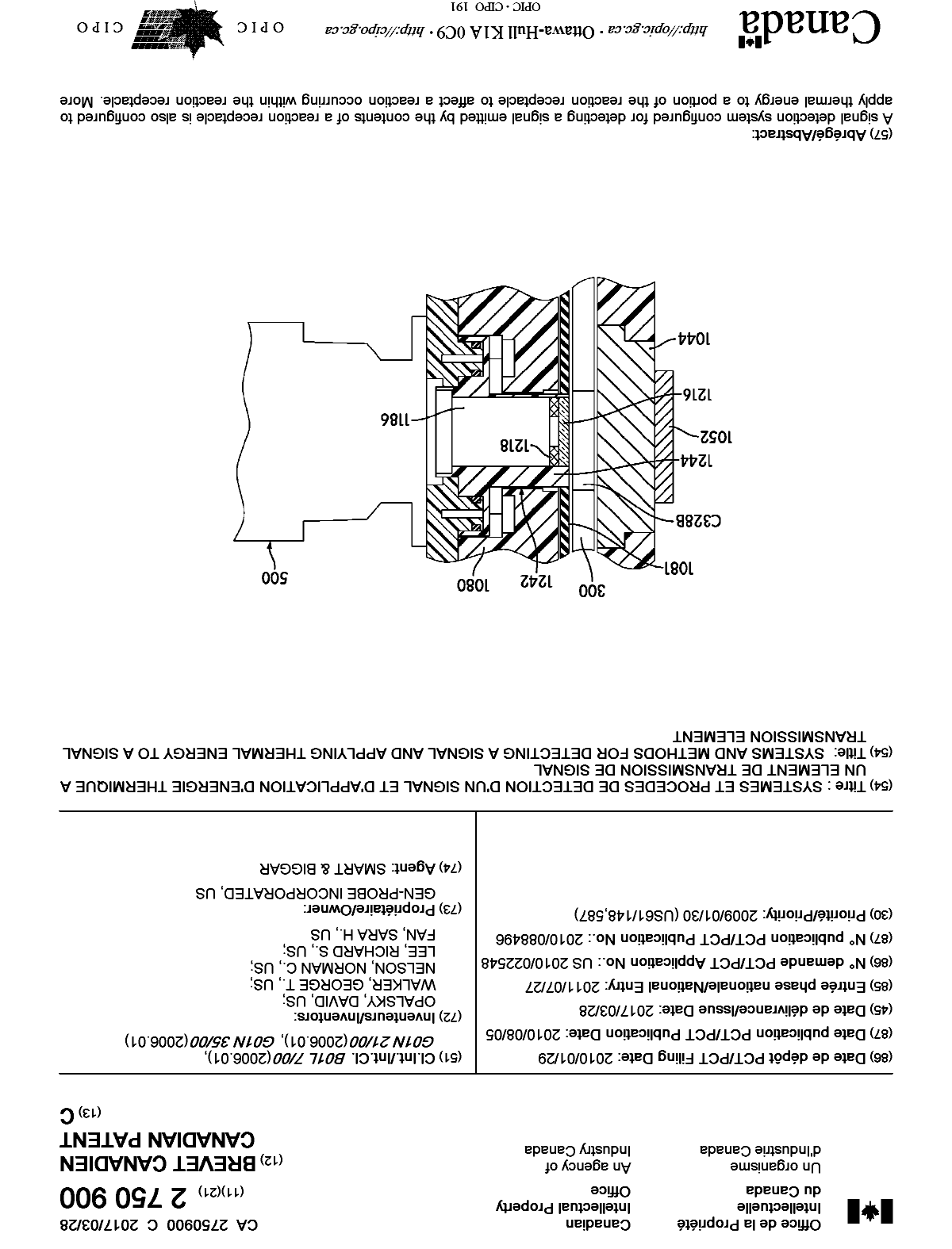 Document de brevet canadien 2750900. Page couverture 20161222. Image 1 de 2