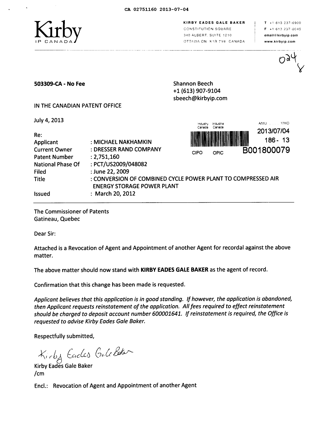 Document de brevet canadien 2751160. Correspondance 20121204. Image 1 de 2