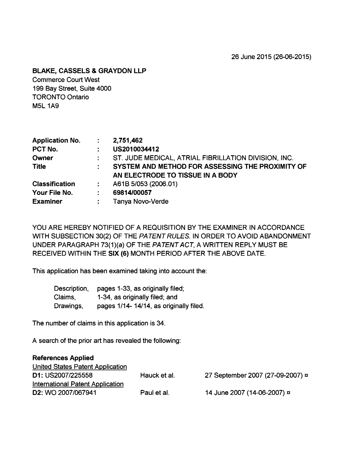 Document de brevet canadien 2751462. Demande d'examen 20150626. Image 1 de 5