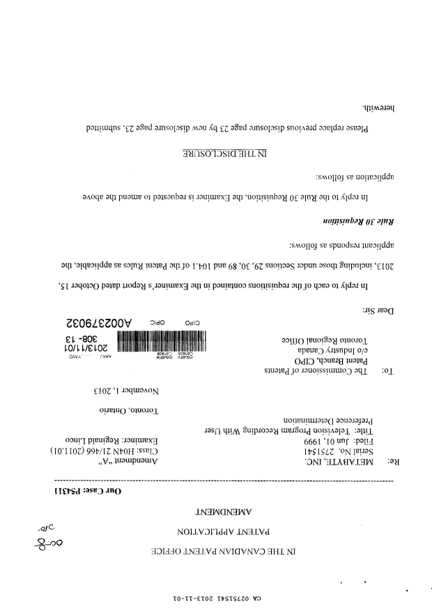 Canadian Patent Document 2751541. Prosecution-Amendment 20131101. Image 1 of 4
