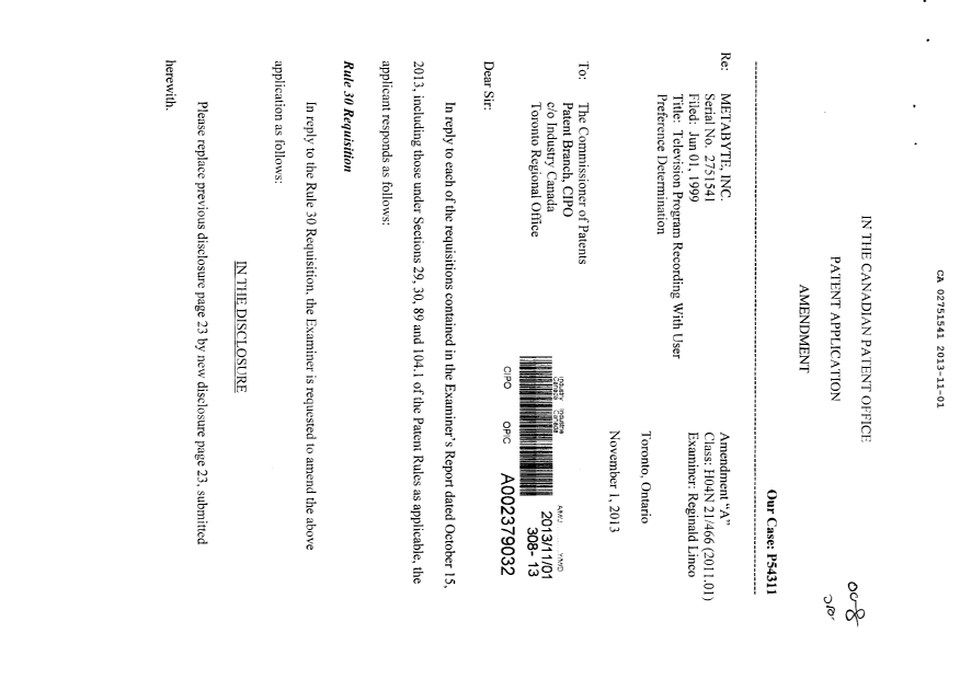Document de brevet canadien 2751541. Poursuite-Amendment 20131101. Image 1 de 4