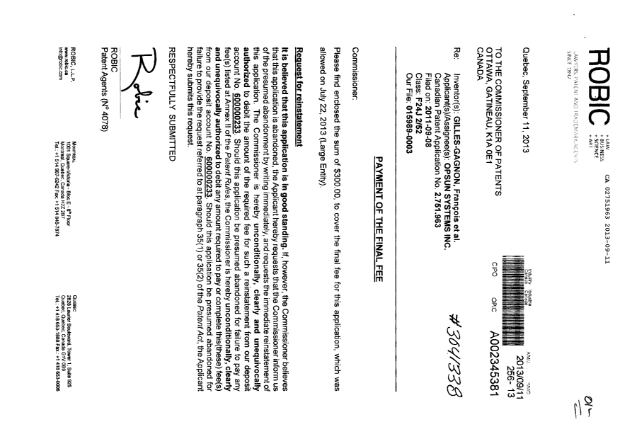 Document de brevet canadien 2751963. Correspondance 20121211. Image 1 de 2